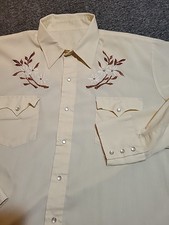 Vntg Western Shirt Sz LG Pearl Snap Button Up 60's 70's Rodeo Floral Embroidery
