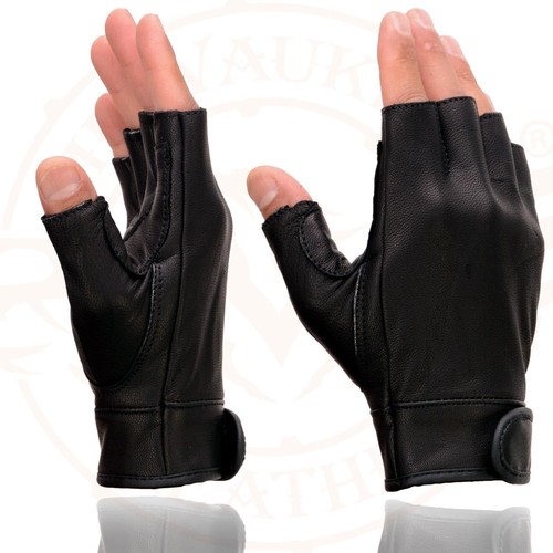 MG7585 Men's Black Leather Gel Padded Palm Fingerless Motorcycle Hand Gloves ... - Picture 5 of 9
