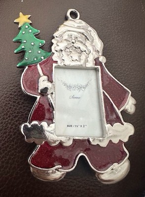 Santa Christmas Picture Frame Silver Plated Enamel Tree Red Photo Small Mini