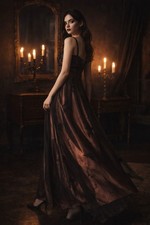 Gothic Prom Dress Beaded Mesh Plum Metallic Satin Maxi Dark Romantic Formal 14