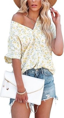 XL  Chiffon Bluse V-Ausschnitt Top Kurzarm Sommer Oberteil locker Shirt Gleb