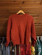 Vintage Hand Knit Red Wool Sweater Speckled Yarn Crewneck Cozy Winter Pullover