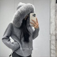 New Women's Hooded Short Knitted Cardigan Short Fox Fur Collar Jacket Sweaters