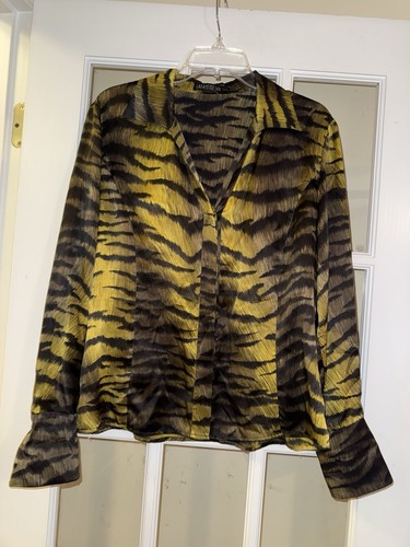 Lafayette 148 Seide Bluse Top Damen Größe 10 Braun Zebramuster Knopfleiste Shirt