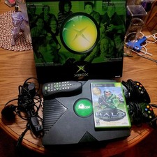 Xbox Console and original Box with 2 Controllers and Halo Combat Evolved. Tested