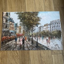Large Pretty Oil Painting Bustling Paris Scene Mounted Signed Measures 61x91.5cm