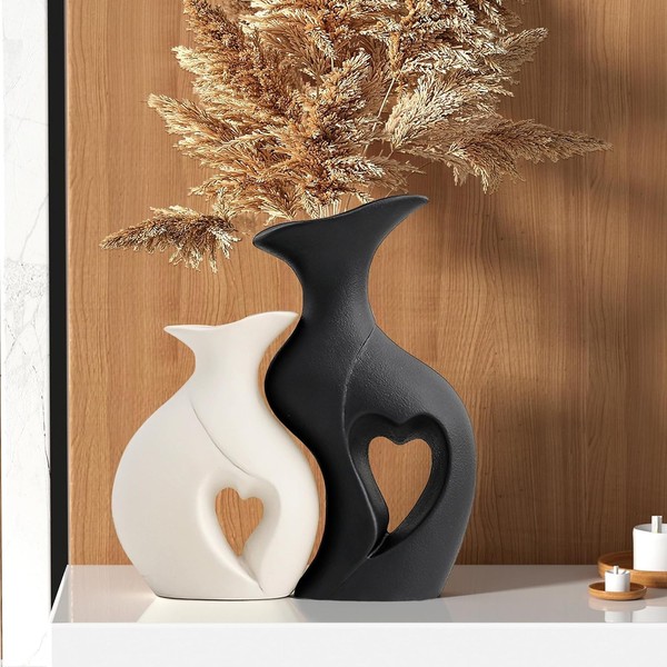 Keramikvasen Set 2Er HerzföRmig Schwarz Weiß Boho Deko FüR Esstisch Wohnzimmer-image