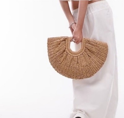 RAMLA Handwoven Raffia Straw Half Moon Tote Beach Bag Natural Woven Clutch