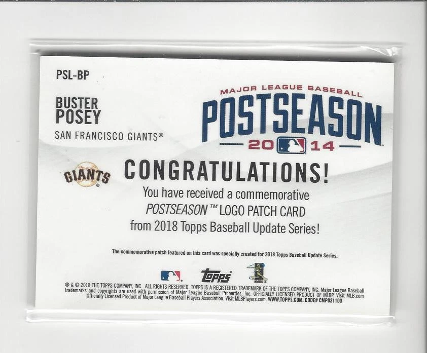 2018 Topps Update Postseason Manufactured Relic Buster Posey LOGO PATCH Giants - Image 2 of 2