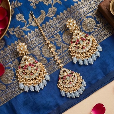 Handmade Gold Plated Kundan Maang Tikka with Earrings Wedding Jewelry Set Gifts