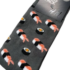 H&M Socks Sushi Print US 10-11.5 EUR 43/45 Charcoal Gray Cotton Blend