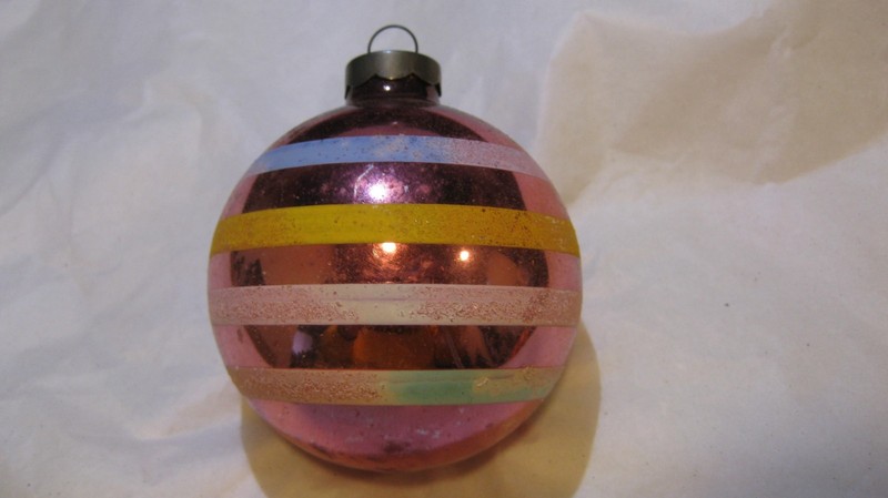Vintage Christmas Large Made In USA Light Pink Stripe Glass Ornament War Era