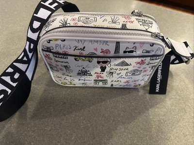 NWT Karl Lagerfeld Paris Crossbody Bag White Paris Doodle Print Camera Bag $198