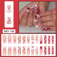 Valentine's Day Pink Long Tube Fake Nails Full Cover Square Artificial Nail Gift