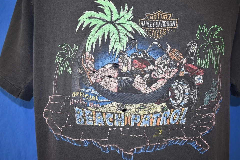 Camiseta De Colección Años 80 HARLEY DAVIDSON CERDO CERDO MOTOCICLETA PATRULLA PLAYA EE. UU. DESGASTADA L Foto 3 de 4