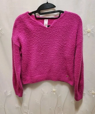 Justice Girls Medium 10 Pink Fuzzy Cropped Sweater Knit Comfy Warm Cute Thick - Image 1 of 4