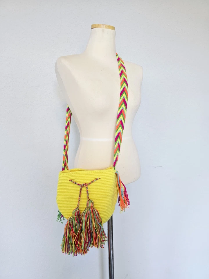 Колумбийский подлинный 100% богемный ручной работы Wayuu Mochila сумка - желтый мини - Изображение 3 из 4