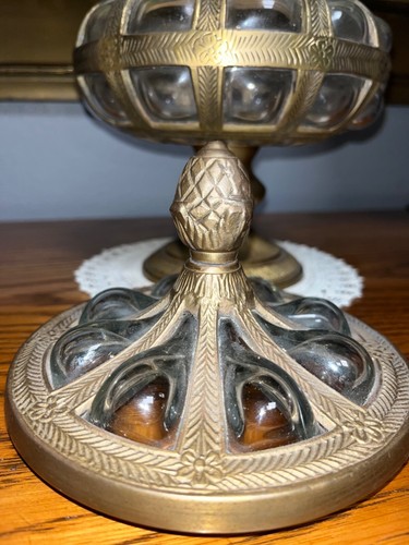 VTG Lidded Candy Dish Pedestal Hand Carved Brass Hand Blown Bubble Glass India - Picture 7 of 24