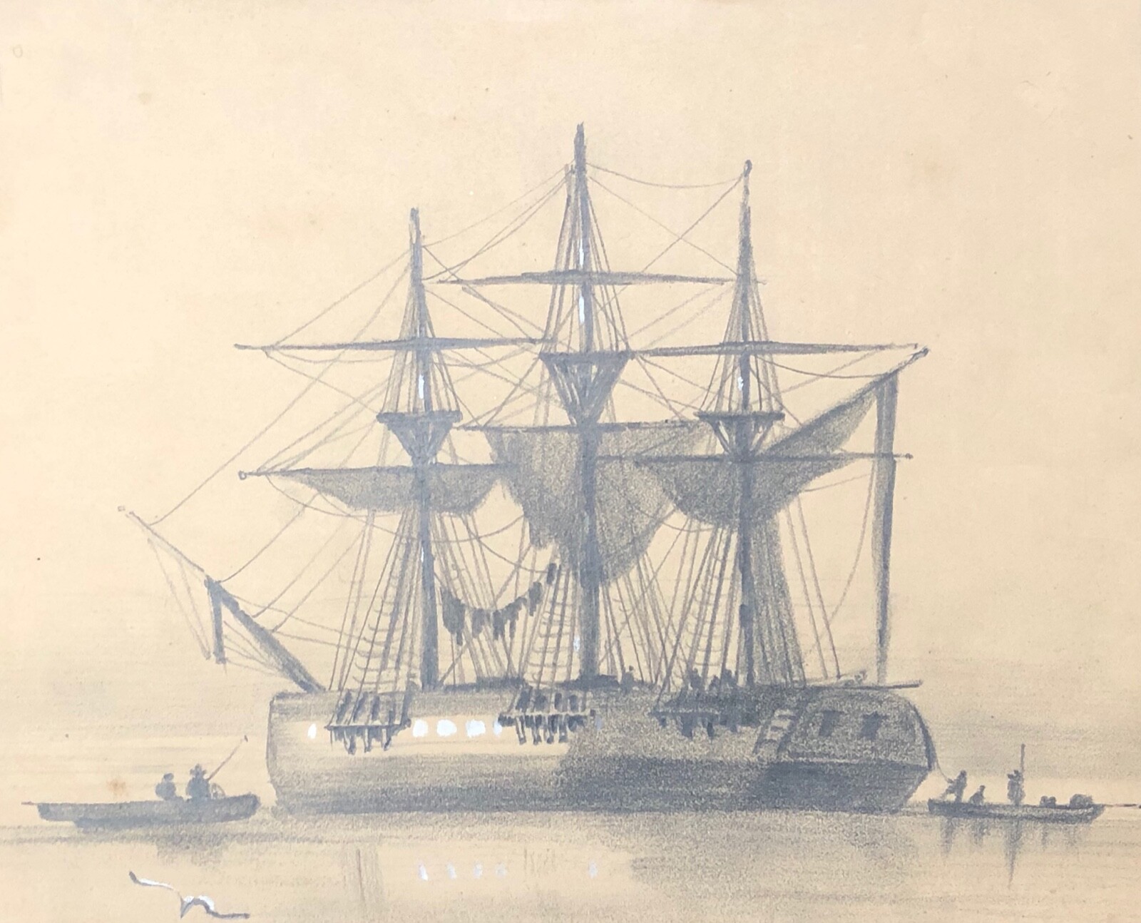 Fragata Barca Cuadrado Para Fondeo Dibujo S.XIX Anonymous Marino Barco Marinero