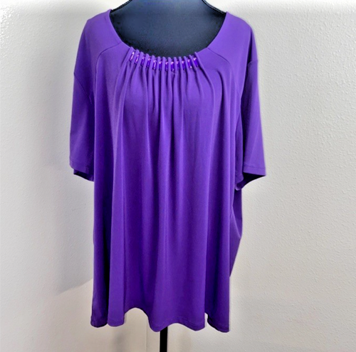New Maggie Barnes Blouse Women's 2X Purple Jeweled Neck Short Sleeve Stretch