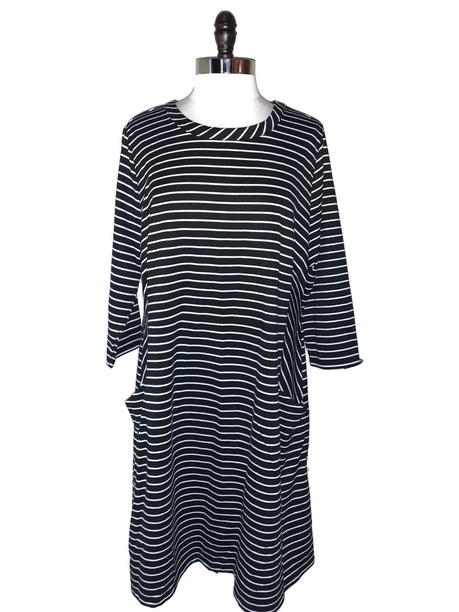 LANE BRYANT Plus Size 2X 18W 20W Shift Dress Black White Stripes Long Sleeve
