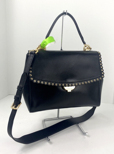 Michael Ava Kors Bag Top Handle Grommet Black Leather Scalloped Flap Medium B3M