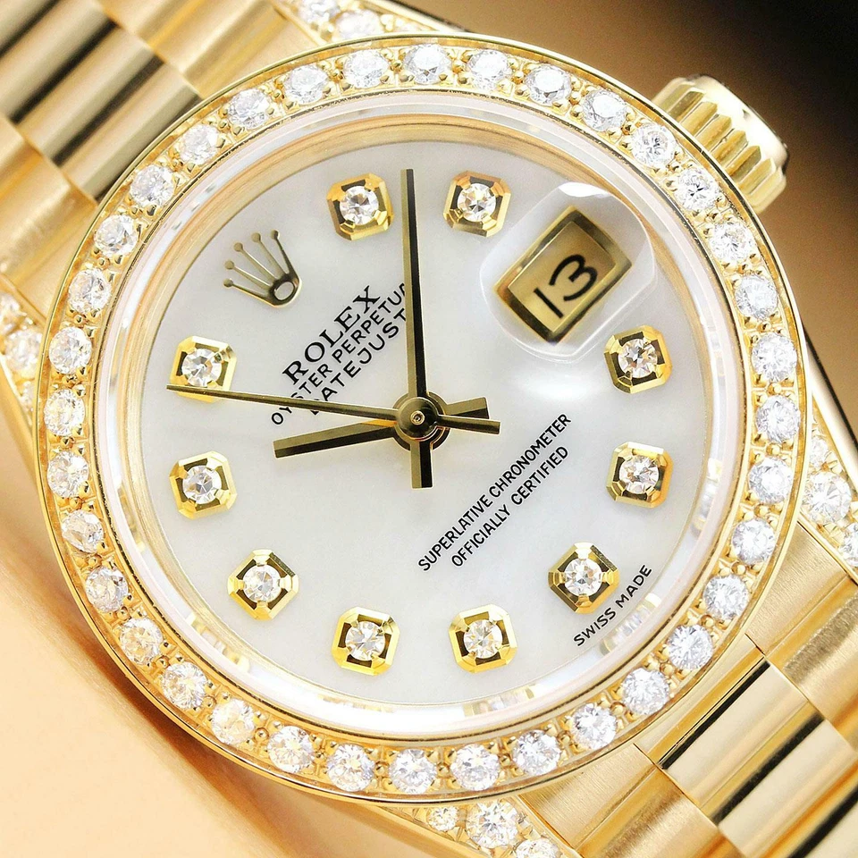 ROLEX LADIES PRESIDENT M.O.P. DIAMOND DIAL, DIAMOND BEZEL & LUGS 18K GOLD WATCH