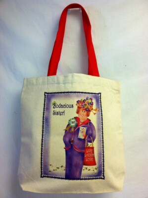 Bodacious sister chubby lady purple dress red hat tote bag