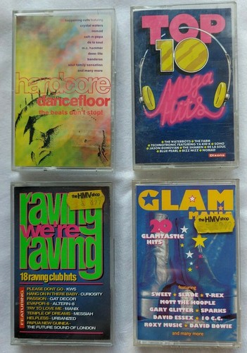 4 VINTAGE CASSETTES GLAM, RAVING, HARDCORE & MEGA-HITS IN EXCELLENT CONDITION