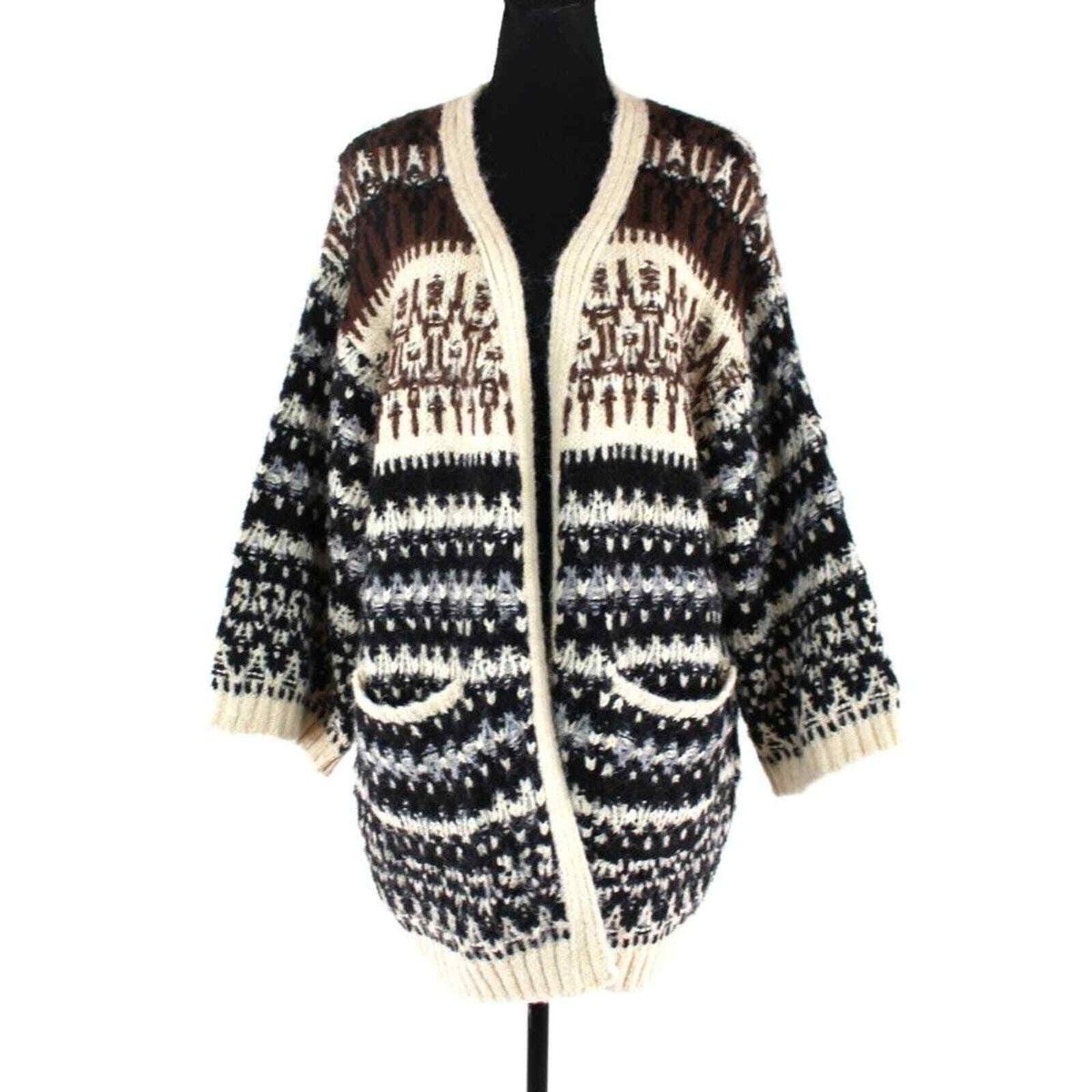 ZARA Knit Fair Isle Ivory Brown Oversized Cardigan XS S Jacquard Long  Sweater