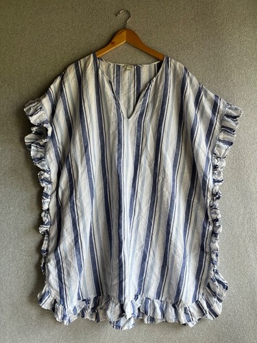 J. Crew Dress Womens 3X White Blue Striped Linen Cotton Side-Ruffle Tunic Beachy