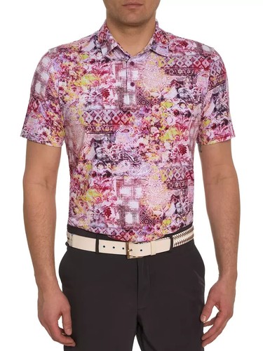 Camisa Polo ROBERT GRAHAM Hombres L Clubhouse Geneva Estampada Manga Corta $128 Berry - Imagen 2 de 16