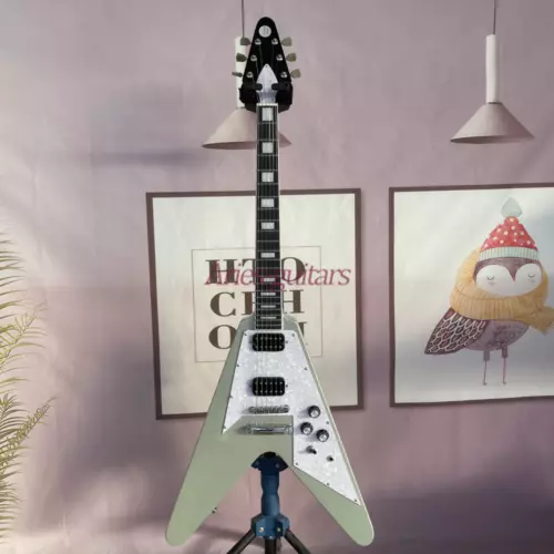Shaped Flying V Electric Guitar Metallic White Mahogany Body Chrome Hardware New