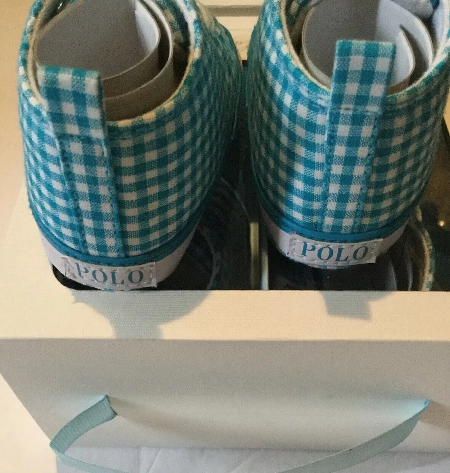 Tênis Polo Ralph Lauren bebê menino menina 3-6 meses azul Gingham branco porto - Imagem 3 de 4