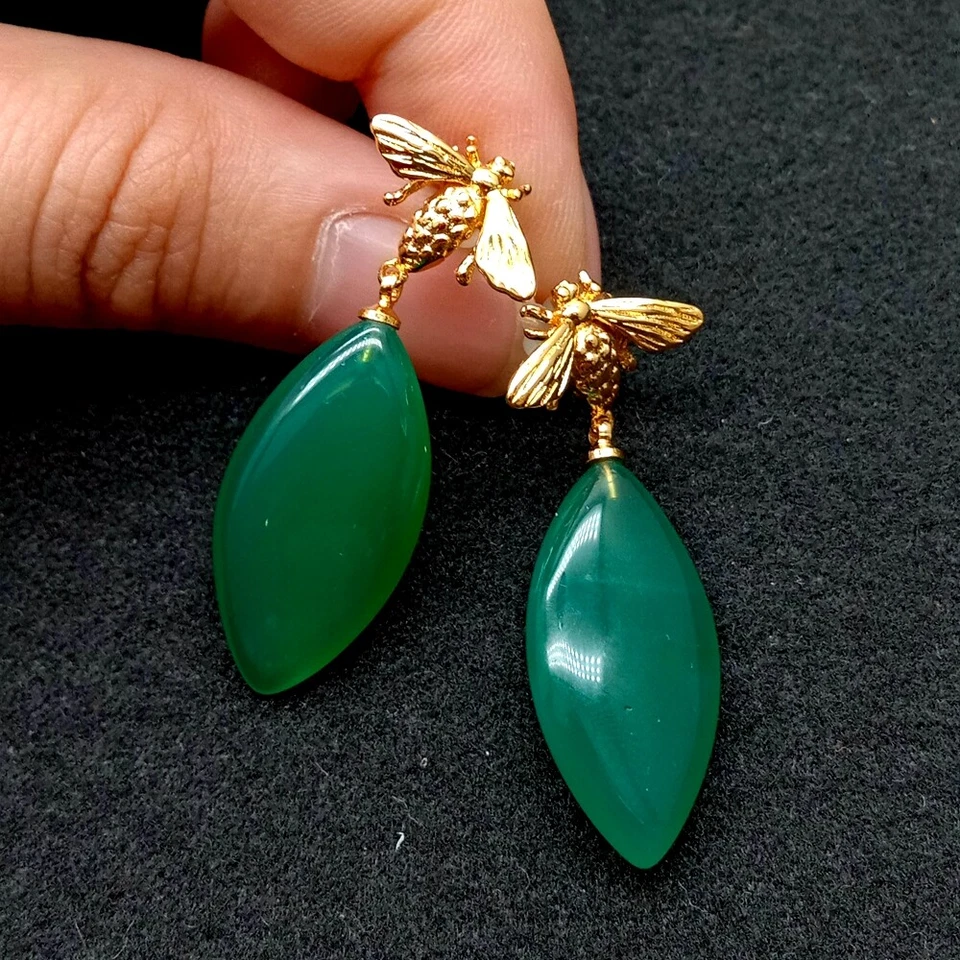 Aretes de ágata verde color oro 18 K escarabajo 1,5"" Foto 2 de 4