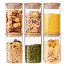 Glass Food Storage Jars 37 oz Set of 6 Containers Clear Canister with Bamboo Lid