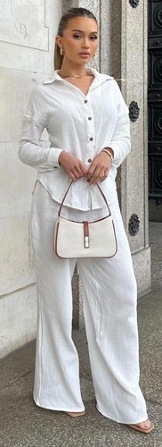 NWT Fashion Nova Medium Long Sleeve Button Up Shirt and Pants Set White Gauze
