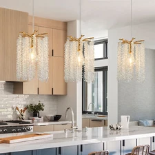 3 Pcs Gold Finish Crystal Pendant Light Modern Luxury Waterfall Fixture Dimmable