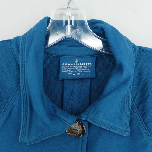 Neon Buddha Sweater Jacket Womens Large Teal Blue 3/4 Sleeve Pockets Cotton Knit - Picture 2 of 10