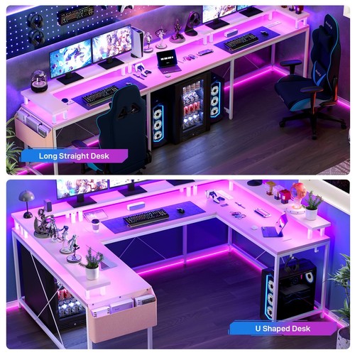 79" LED U-Shaped Gaming Desk W/ Power Outlets L Shaped Desk Corner Computer Desk - Picture 33 of 47