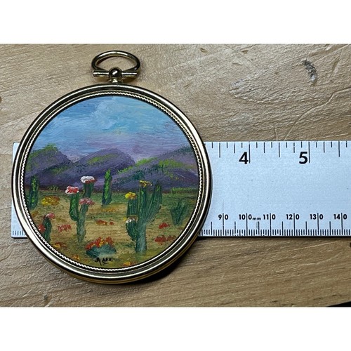 Schönes kleines rundes Vintage Gemälde.Öl?Berge Kaktus Floral.Gerahmt&signiert - Bild 5 von 5