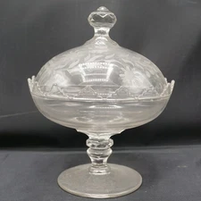 Antique Glass Compote Etched Flowers Covered Compote Candy Dish