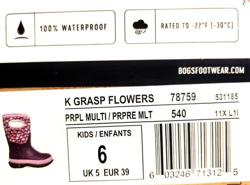 BOGS 78759 Grasp Flowers Purple Waterproof Insulate Rain Boot Shoes Youth Kids 6 - Picture 12 of 24