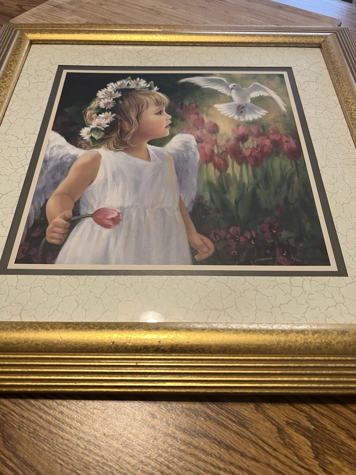 Laurie Snow Hein Framed Angel Child with Dove Art Print Portrait Gold Frame USA
