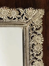 VTG Ornate Vanity Footed Mirror Tray Gold White Wash Filigree Floral Daisy