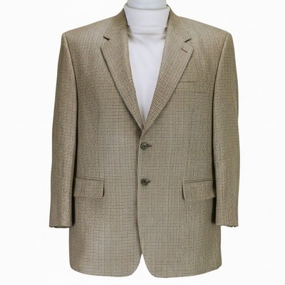Lauren Ralph Lauren Mens 100% Silk Blazer 42S Tan Houndstooth Plaid Suit Jacket