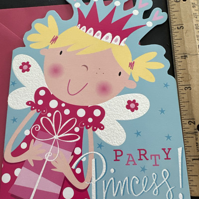 Vtg Birthday Card UNUSED Little Girl Princess Party Glitter Tiara Crown W/env