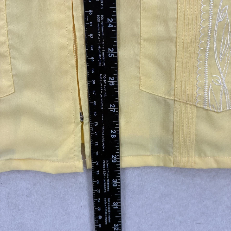 Haband Guayabera Shirt Mens L Yellow Embroidered Short Sleeve Full Zip Cuban VTG - Image 4 of 4