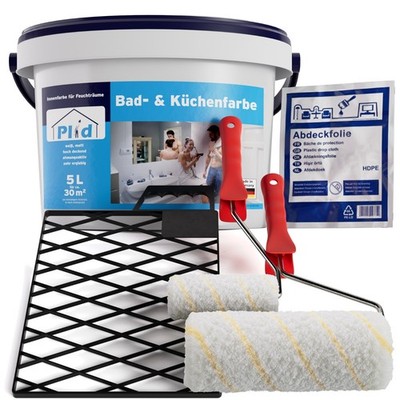 Plid  Bad- & Küchenfarbe 5L mit Set   Feuchtraumfarbe Weiß Matt ca.30m²