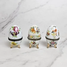 Vintage Floral Porcelain Footed Egg Shaped Trinket Dish Lot Of 3